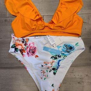 Orange ruffle and white floral high waisted bikini